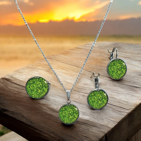 Stainless steel jewellery set - necklace 45cm or 50cm + earrings + ring - colour: green