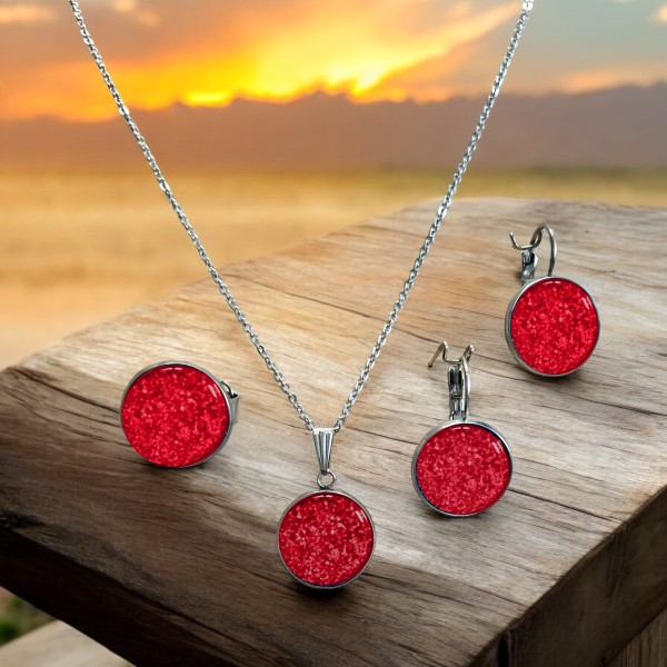 Stainless steel jewellery set - necklace 45cm or 50cm + earrings + ring - colour: ruby