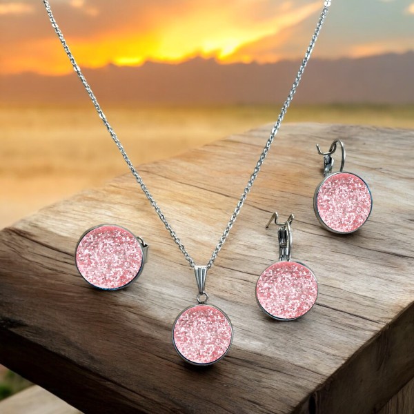 Stainless steel jewellery set - necklace 45cm or 50cm + earrings + ring - colour: rose