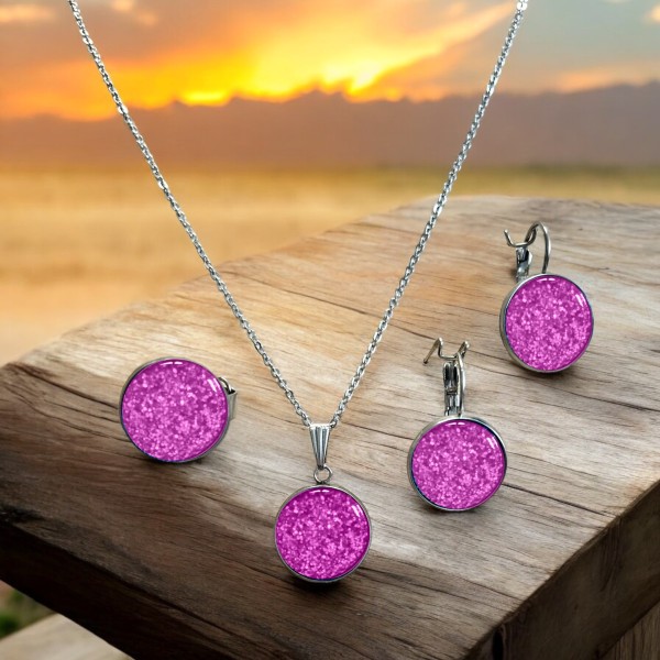 Stainless steel jewellery set - necklace 45cm or 50cm + earrings + ring - colour: fuchsia